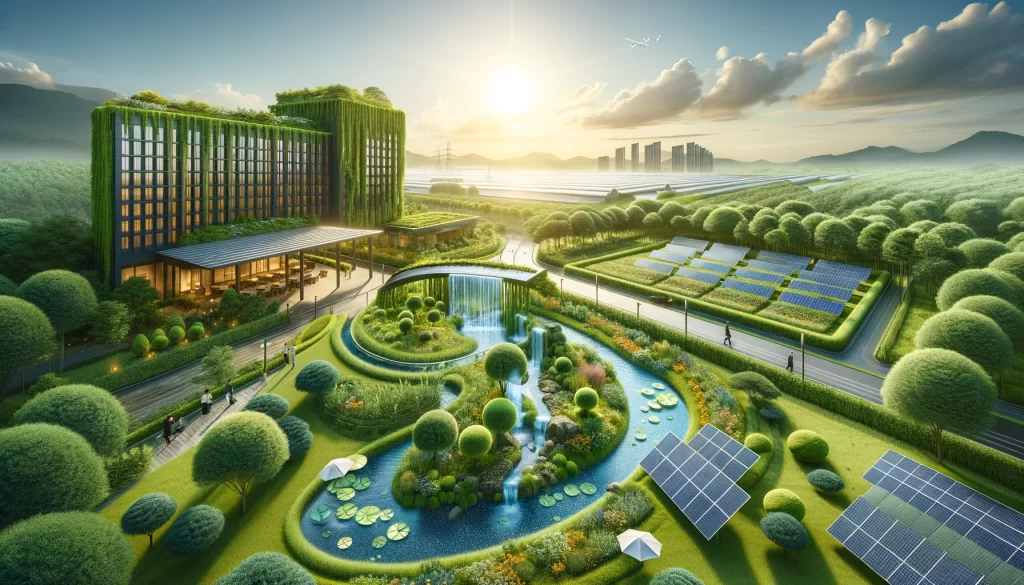 Thematic landscape showcasing Marriott's commitment to sustainability, featuring a hotel with green technologies and environmental stewardship.